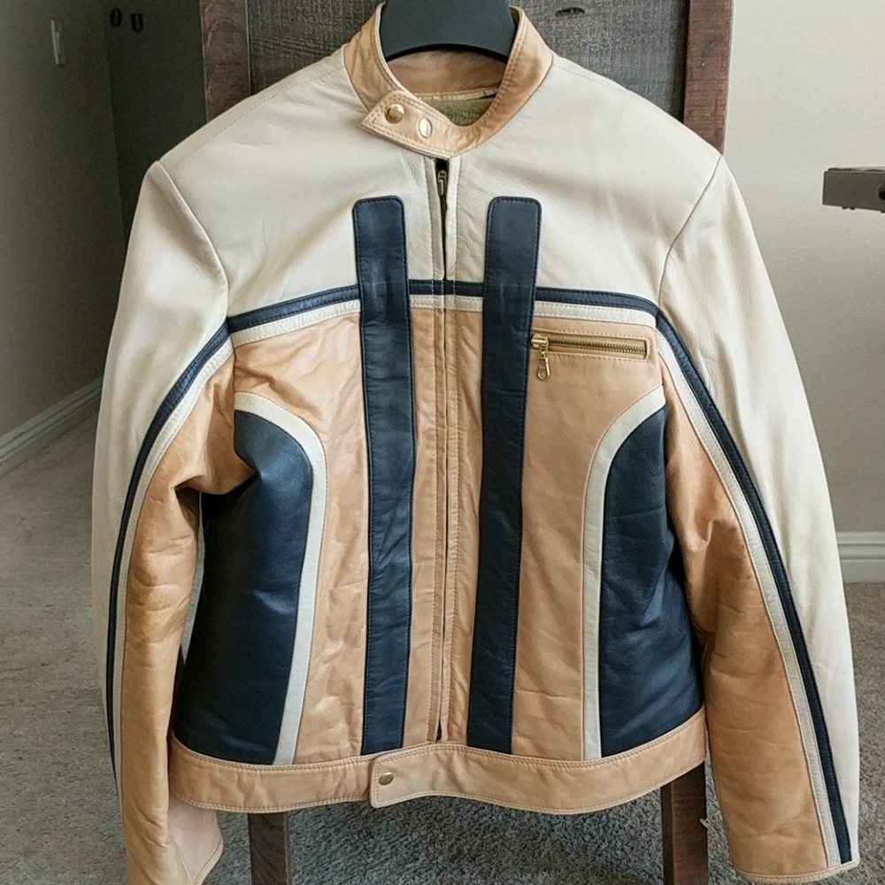 Tan and Black Leather Motorcycle Jacket with Retro Style